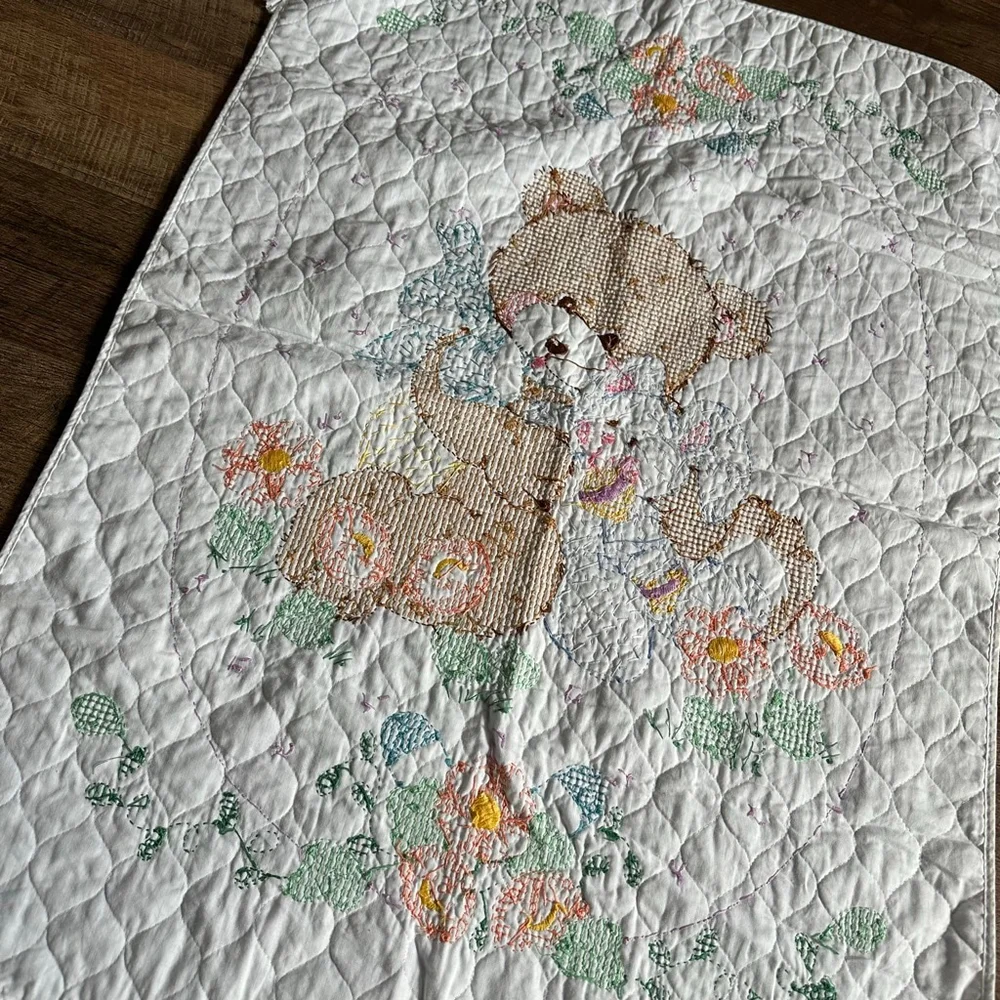 Vintage Handmade Cross Stitch Baby Quilt Blanket Teddy Bear Bunny Floral Nursery